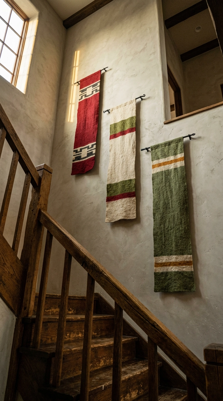 Three long wool banners in red, cream, and green hanging on a tall plaster stair wall