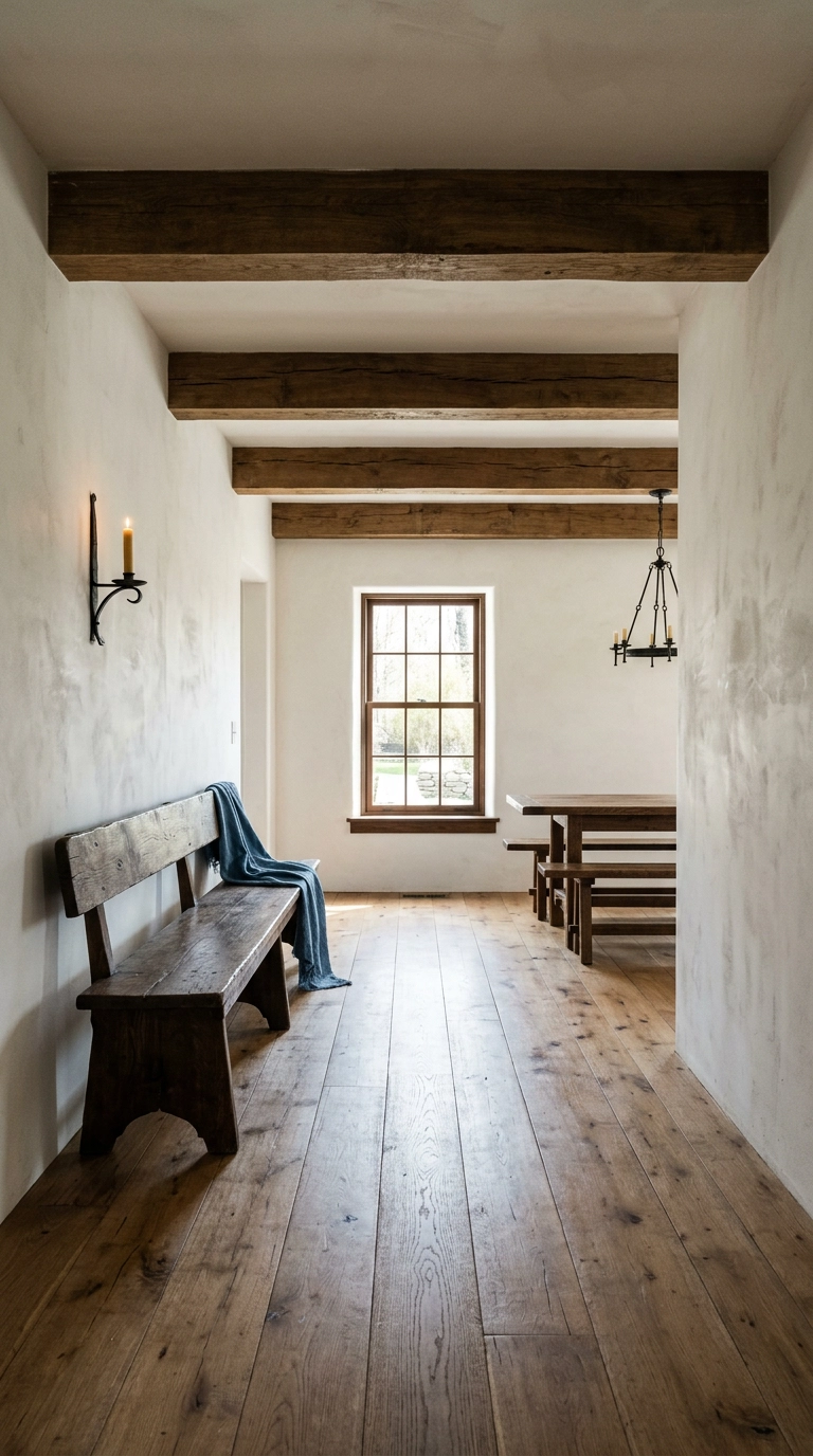 Open room with four rough oak box beams across a white plaster ceiling