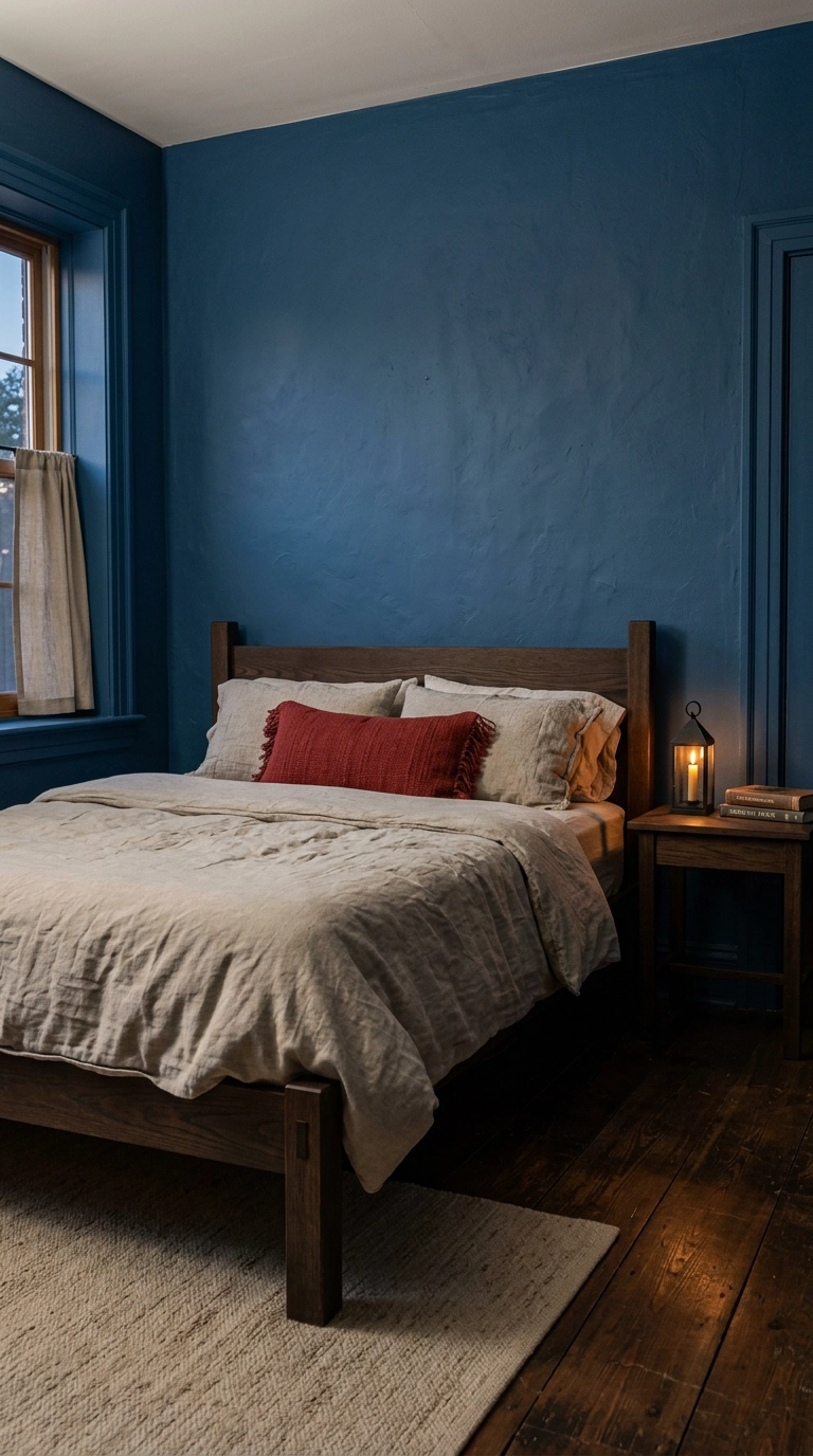 Bedroom with deep woad-blue plaster walls, flax linen bedding, and an iron candle lantern