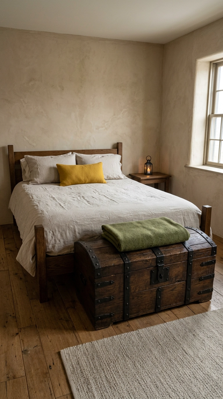 Iron-banded oak chest with a domed lid at the foot of a linen-dressed bed