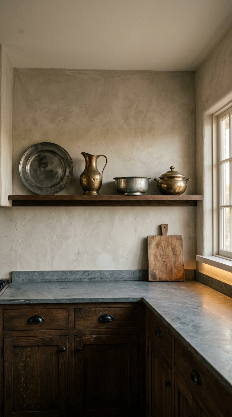 Oak plate rail holding pewter and aged brass vessels above dark kitchen cabinets
