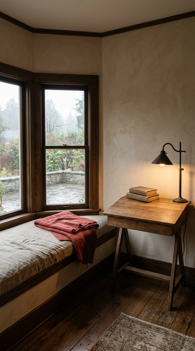 Window seat alcove with a linen cushion, slanted oak writing desk, and iron reading lamp