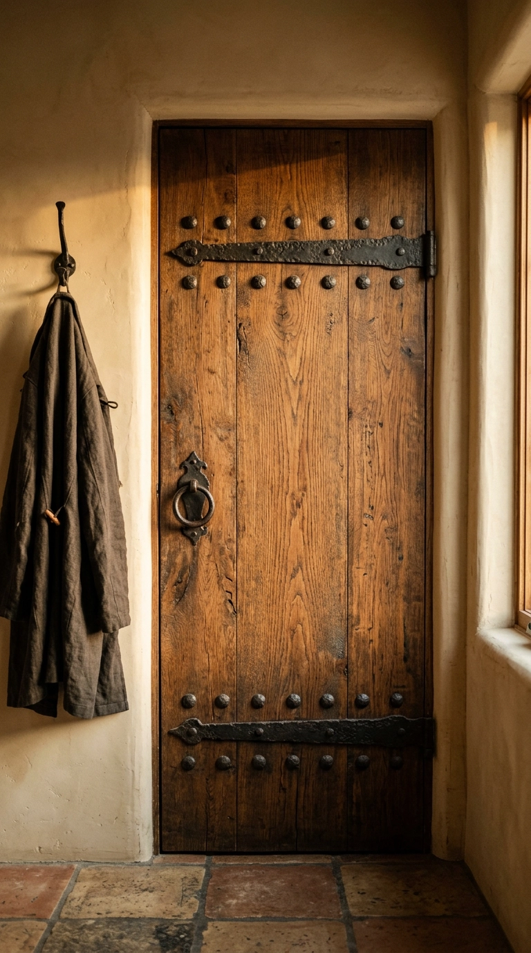 Heavy oak plank door with long blackened iron strap hinges and round studs