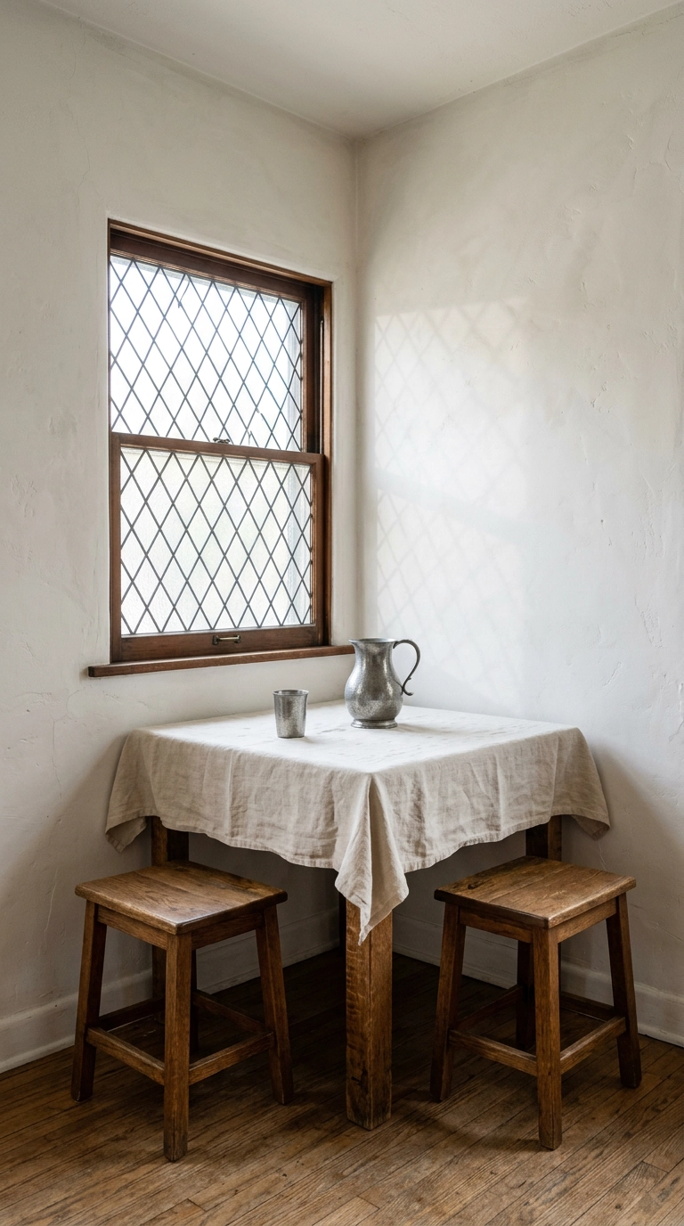 Double-hung window with diamond leaded glass film casting patterns in an oak breakfast nook