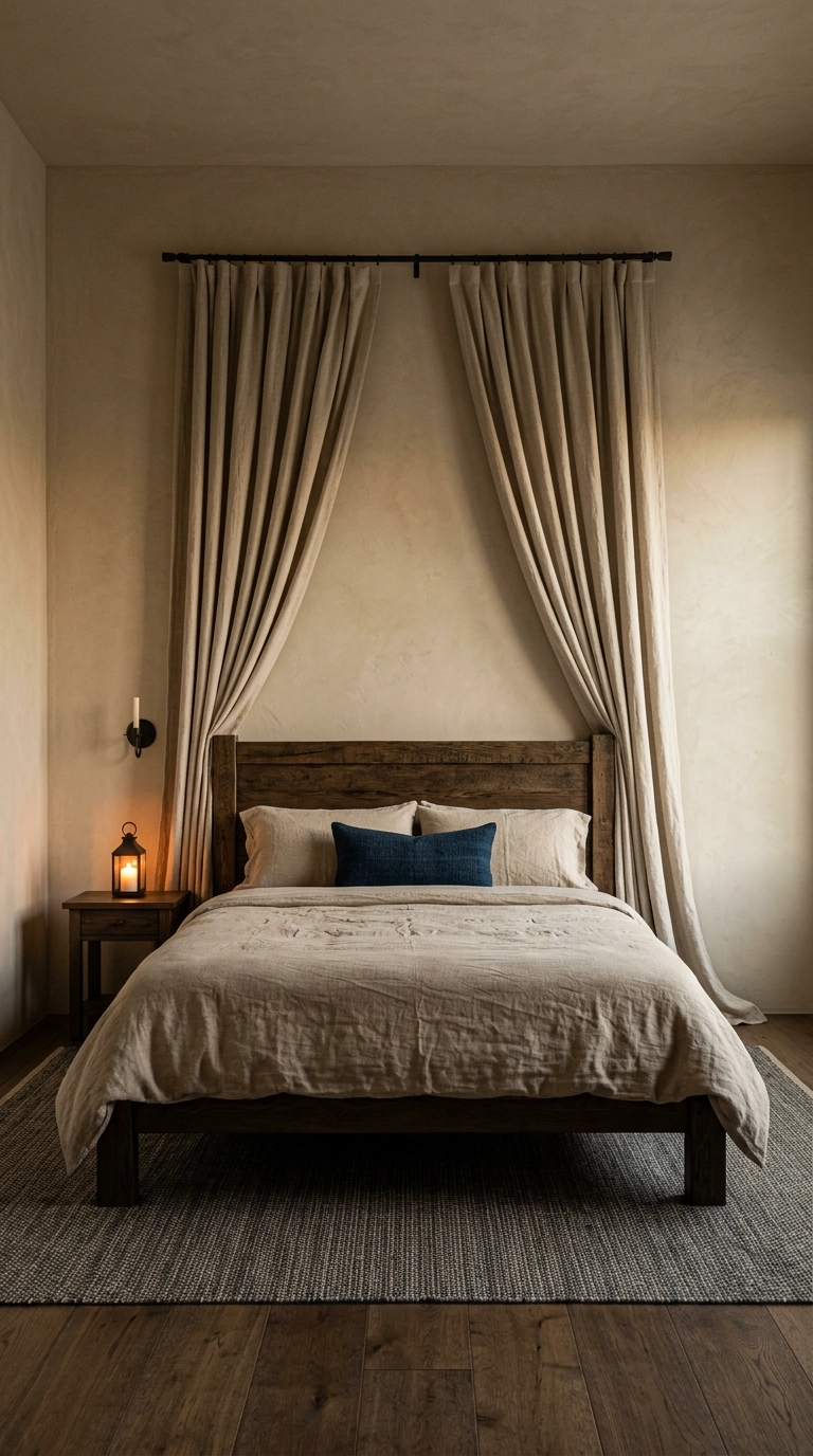Bed with heavy linen half-canopy curtains hung from an iron rail above the headboard