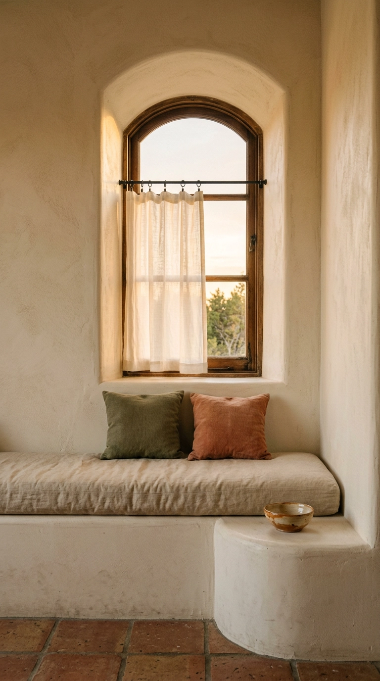 Built-in plaster window banquette with a linen cushion in a Mediterranean bedroom