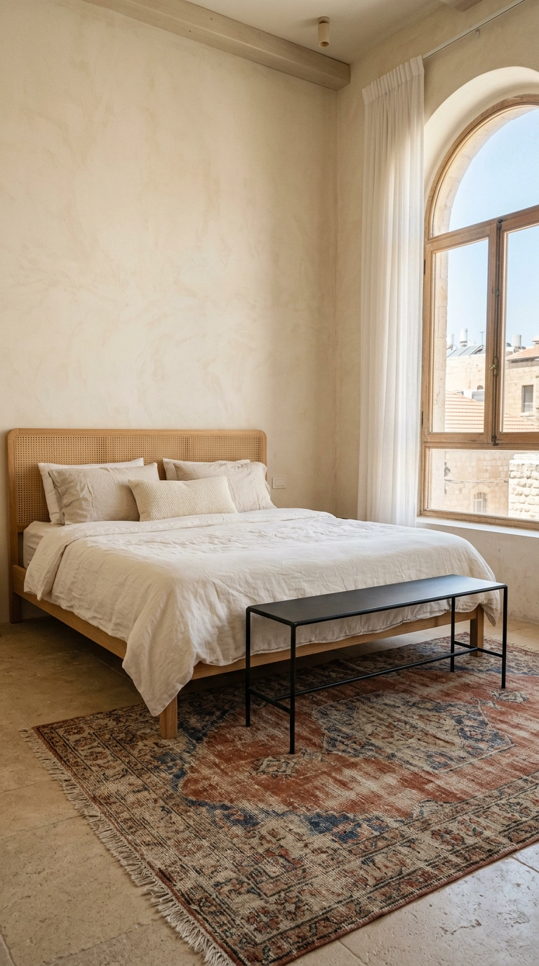 Faded rust and indigo Turkish rug under a cane headboard bed in a Mediterranean bedroom