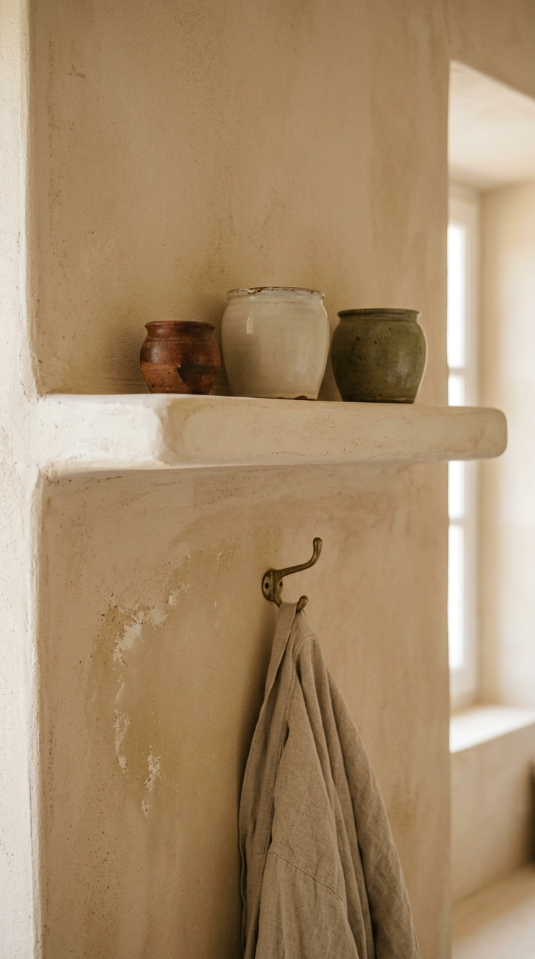 Built-in plaster ledge shelf holding three stoneware vessels in a Mediterranean bedroom