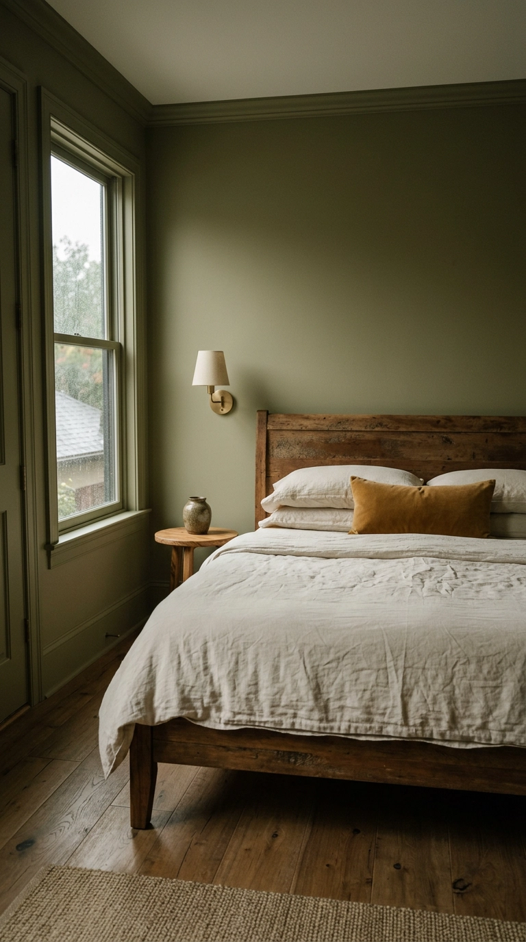 Olive green color drenched Mediterranean bedroom with cream linen bedding