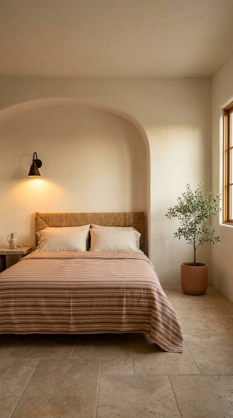 Arched plaster niche behind a woven headboard in a Mediterranean bedroom