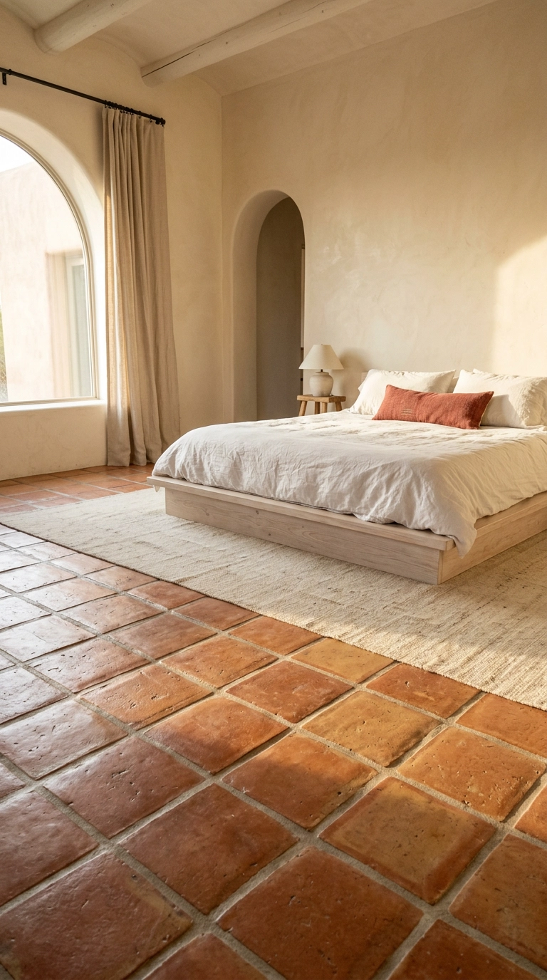 Terracotta saltillo tile floor in a bright Mediterranean bedroom with a pale wood bed
