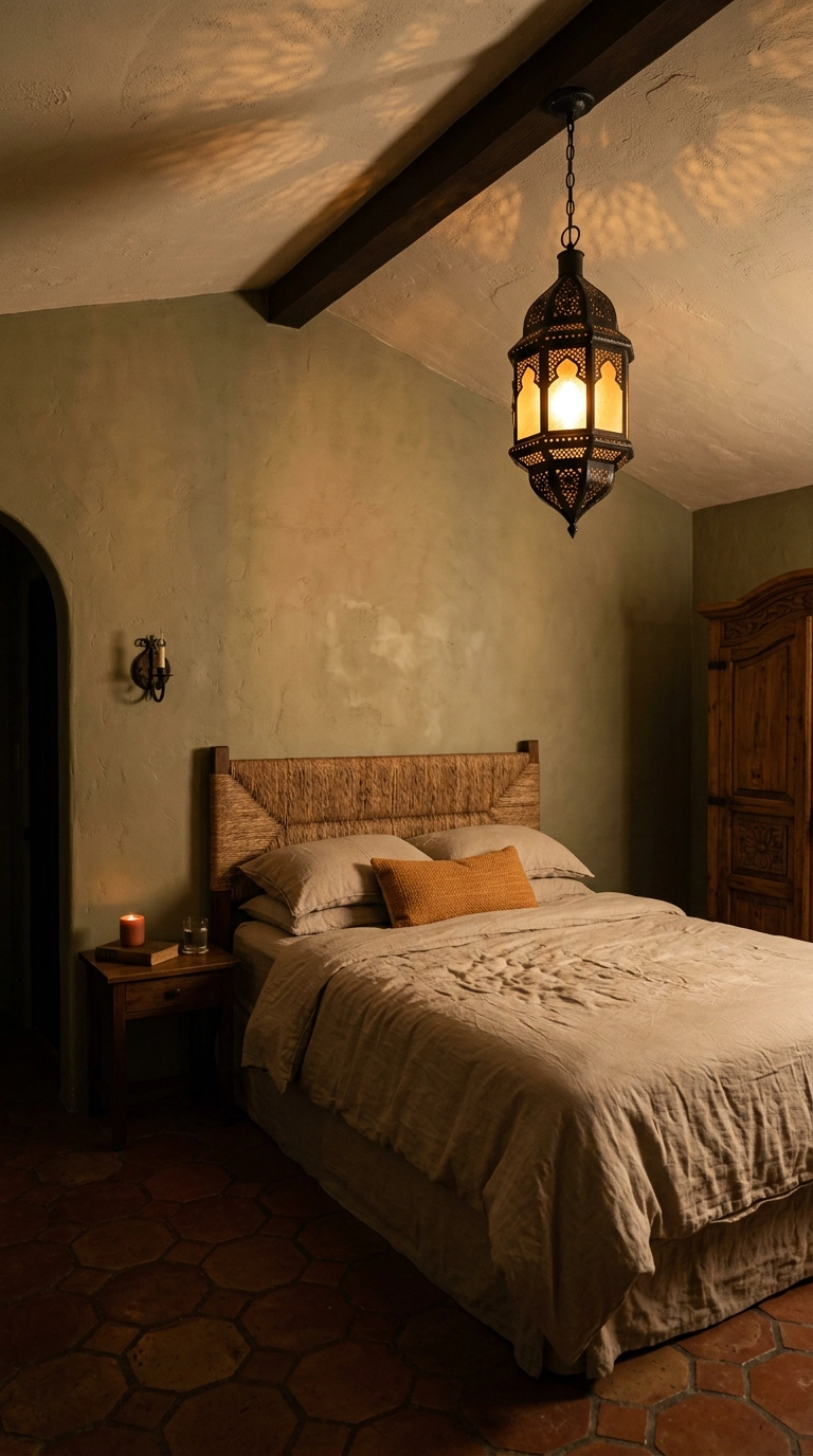 Pierced black iron lantern pendant glowing above a Mediterranean bedroom bed