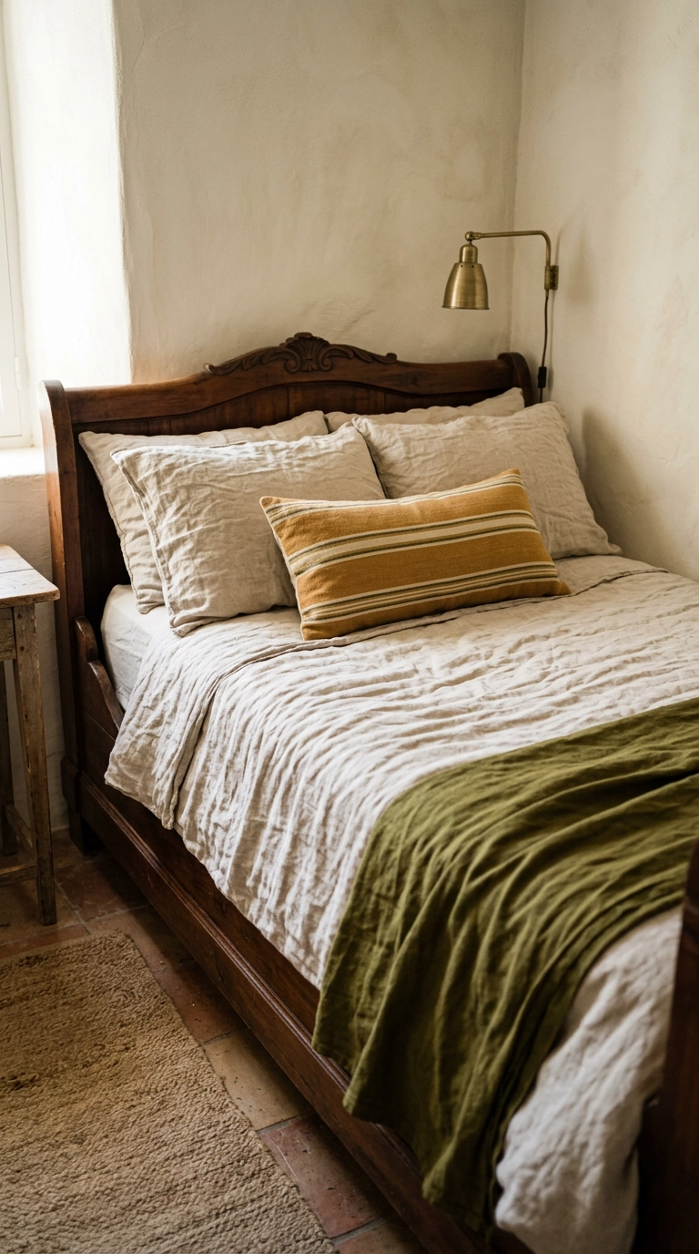 Rumpled undyed oatmeal linen bedding on a dark chestnut Mediterranean bed frame