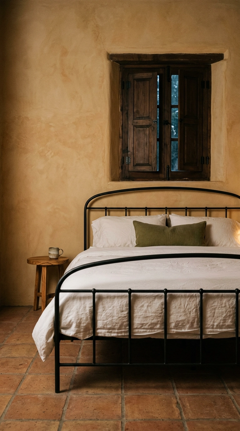 Black wrought iron bed with vertical bars against an ochre limewash wall
