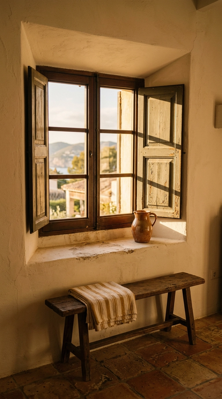 Weathered olive wooden shutters in a deep plaster window reveal