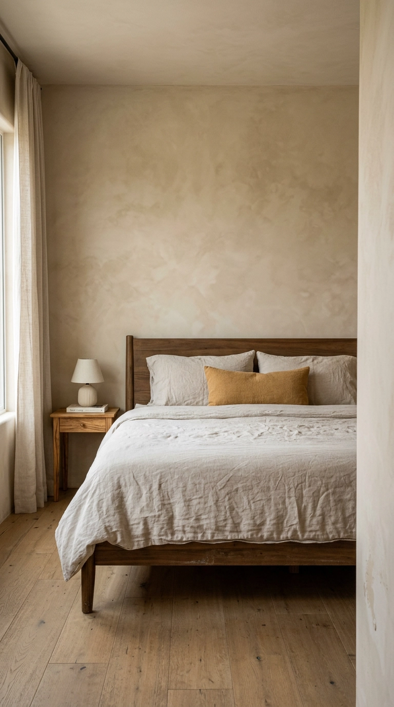 Mediterranean bedroom with warm sand limewash plaster walls and a walnut king bed