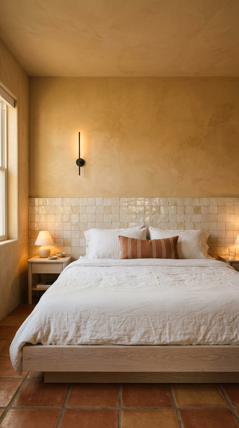 Creamy zellige tile wainscot band behind a bleached oak bed with ochre plaster above