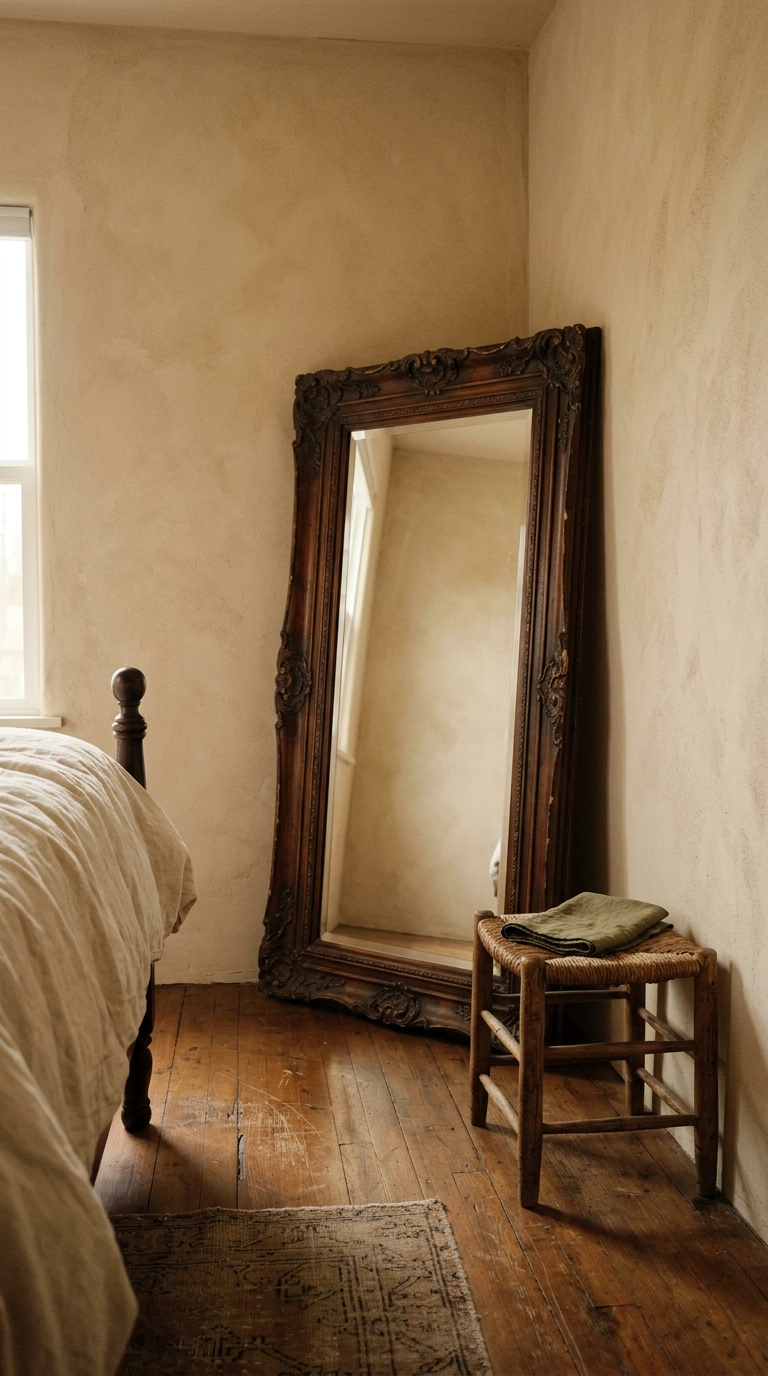 Oversized carved chestnut mirror leaning against a limewash plaster bedroom wall