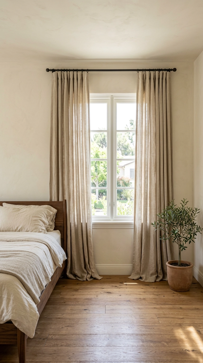 Raw oatmeal linen curtains hung high on an iron rod in a Mediterranean bedroom