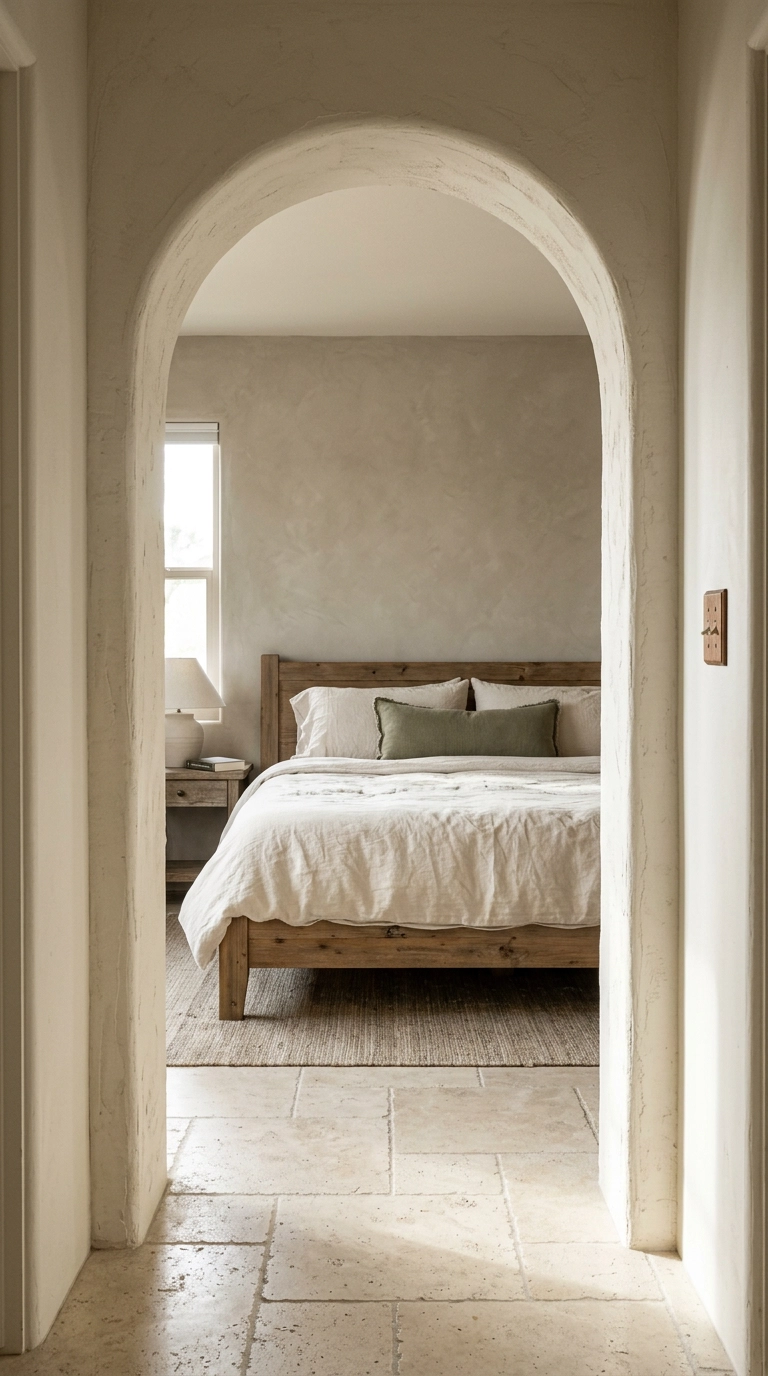 Rounded plaster arch doorway looking into a Mediterranean bedroom