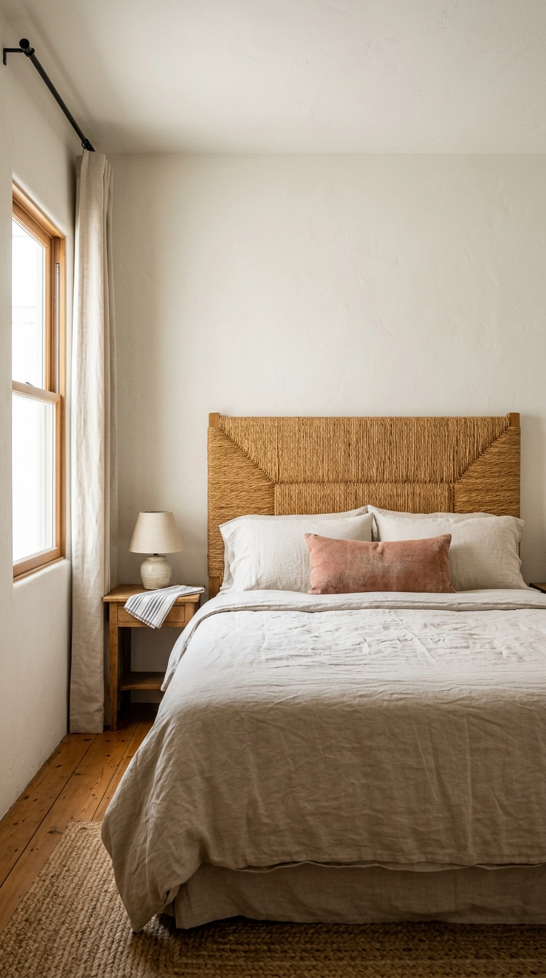 Woven rush headboard in a small Mediterranean bedroom with sand linen bedding