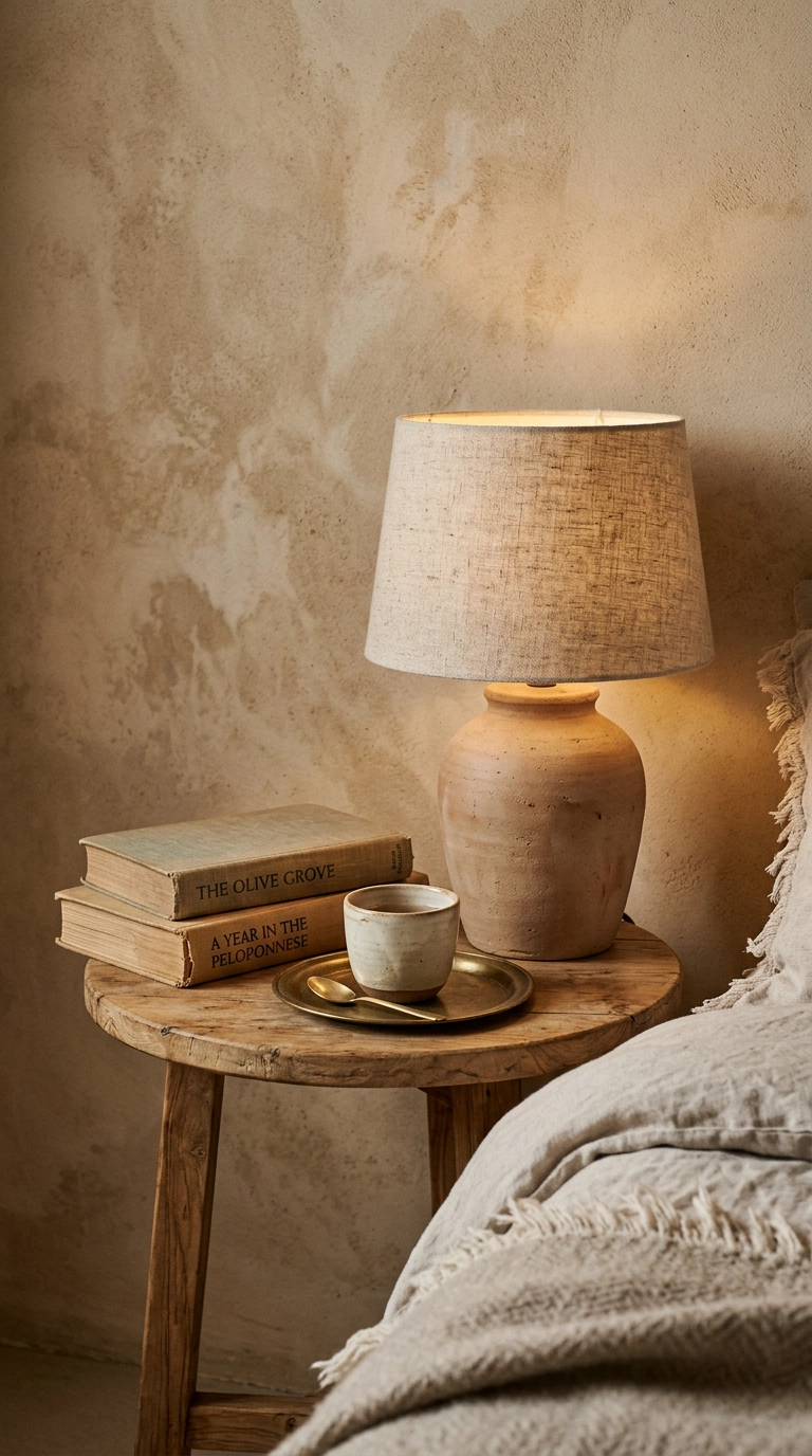 Hand-thrown clay lamp and two books on an olive wood Mediterranean nightstand