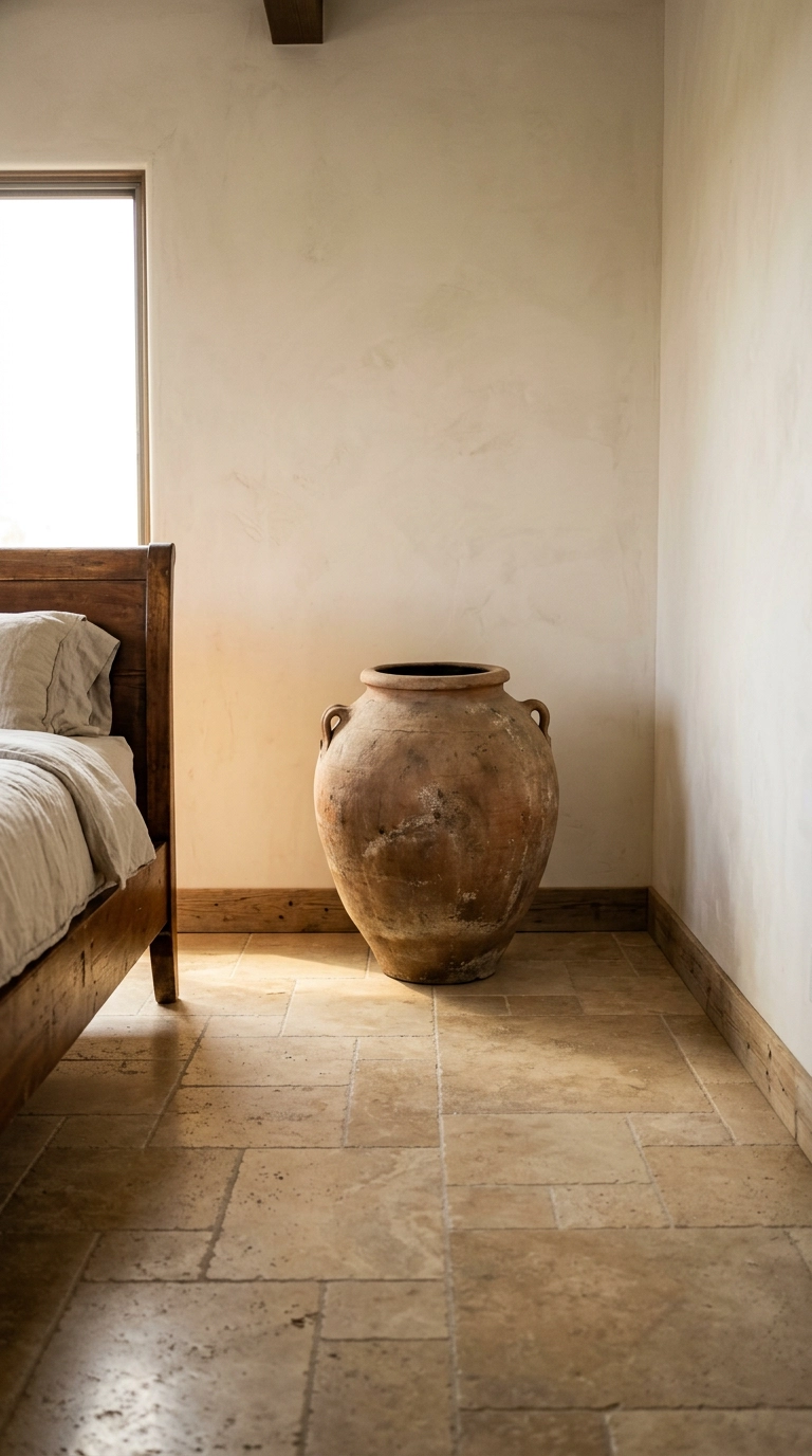 Large antique terracotta olive jar standing in a bare Mediterranean bedroom corner