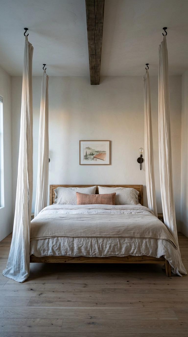 Ivory linen canopy panels hanging from ceiling hooks beside a Mediterranean bed