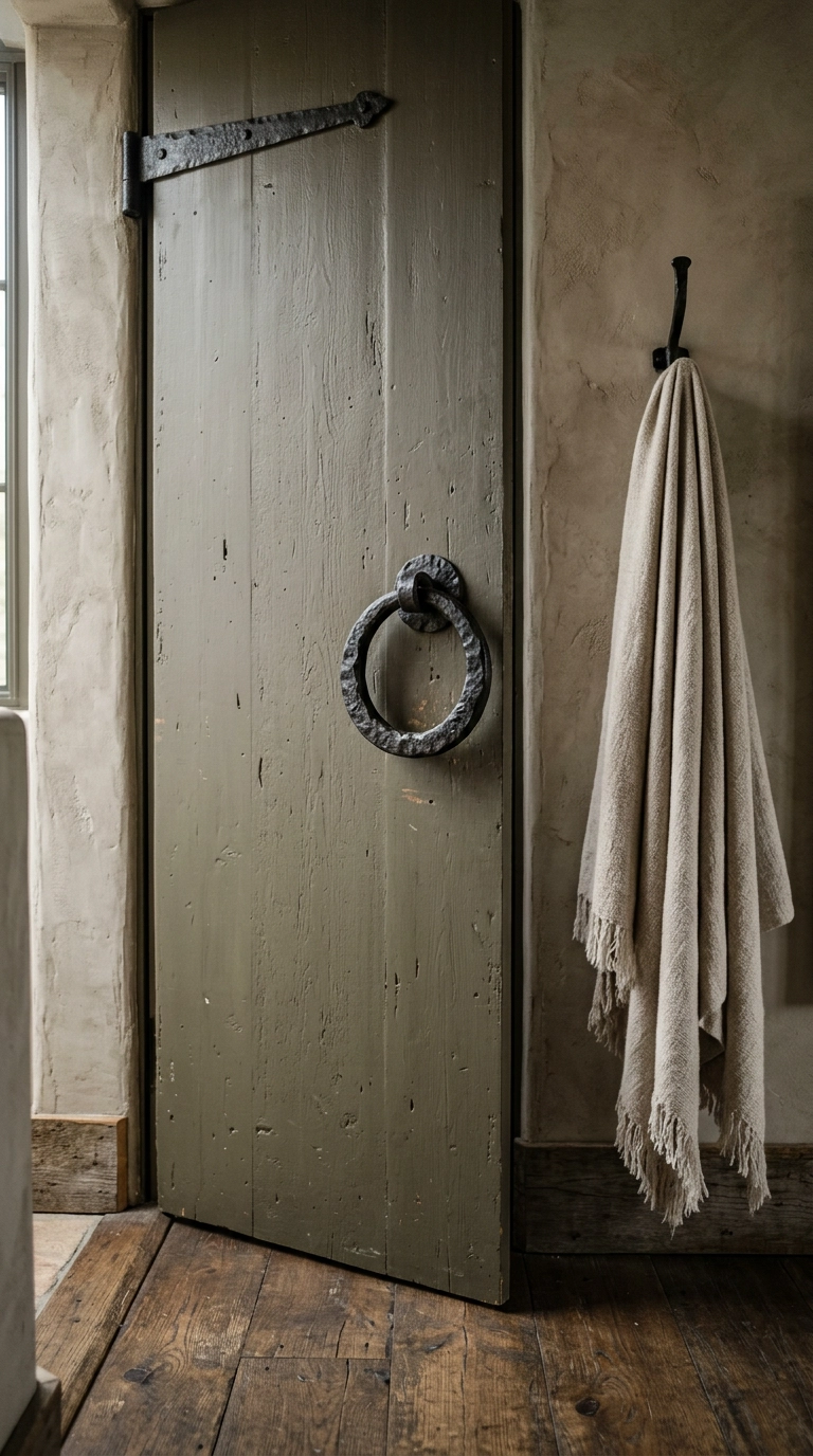 Hammered black iron ring pull and strap hinge on a weathered olive bedroom door