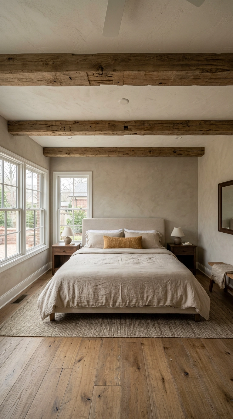 Aged oak ceiling beams above a linen headboard in a Mediterranean bedroom