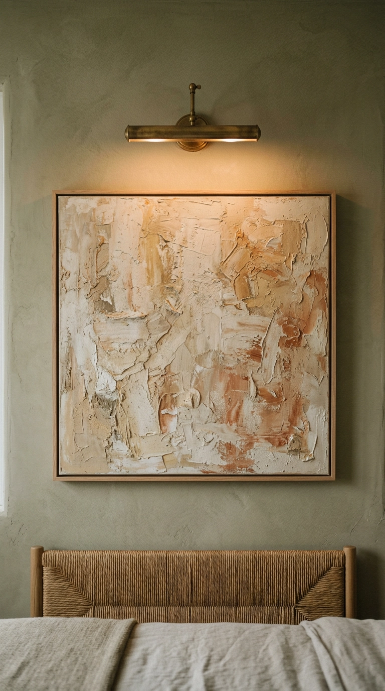 Large textural cream and ochre abstract canvas on an olive plaster bedroom wall