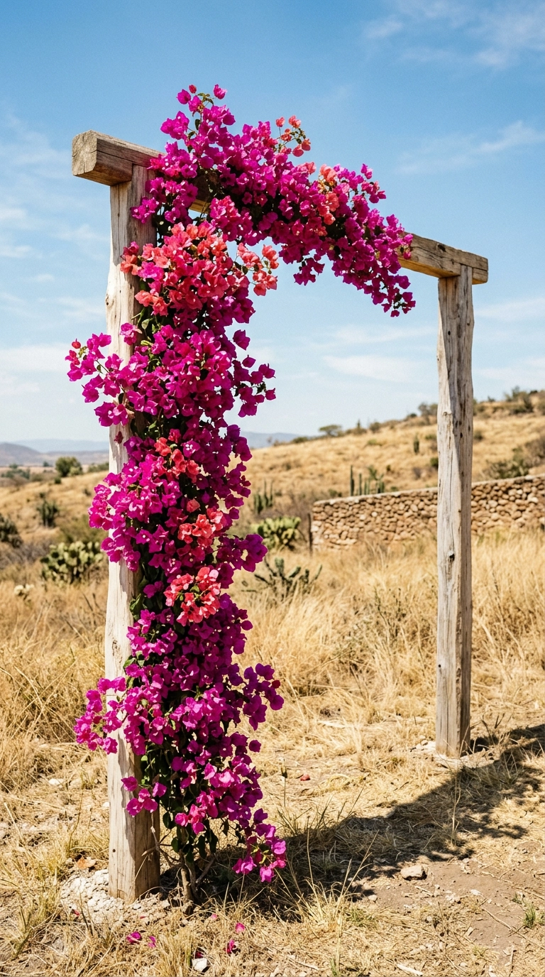 Wedding ceremony arch of rough wood covered on one side with magenta bougainvillea against an open sky