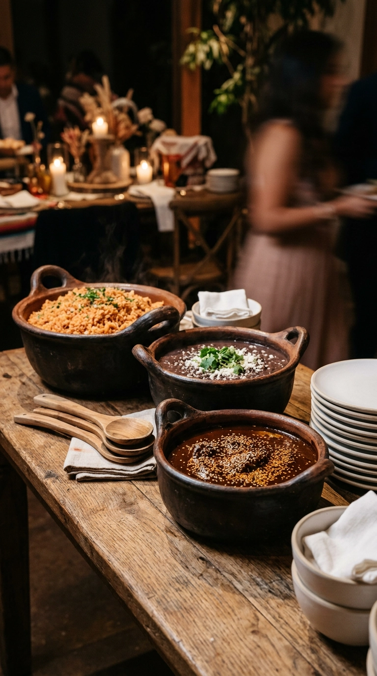 Dark clay cazuela pots filled with red rice, black beans, and mole on a wedding buffet table