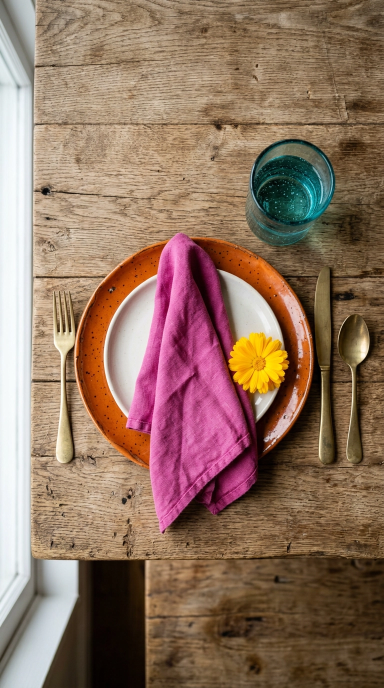 Overhead wedding place setting with fuchsia napkin, orange ceramic charger, teal glass, and a yellow marigold bloom