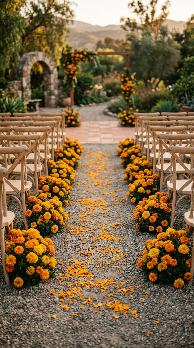 Cempasuchil marigold clusters marking the ends of wooden chair rows along a wedding ceremony aisle