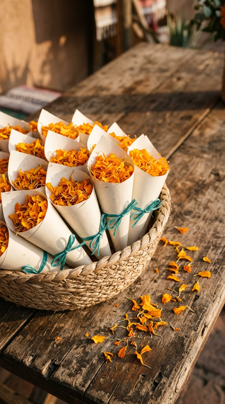 Basket of cream paper cones filled with orange marigold petals tied with teal ribbon at a wedding