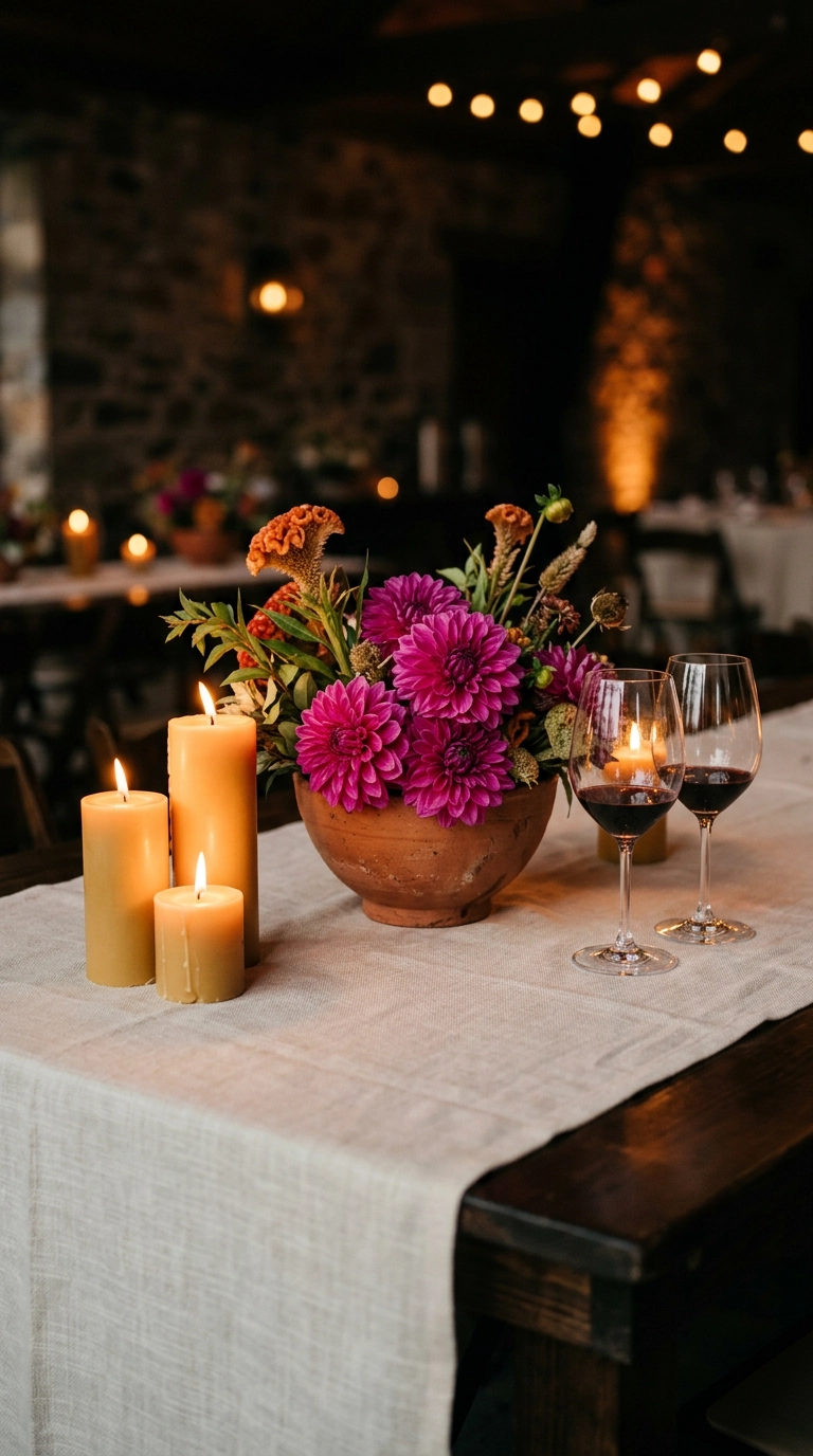 Low terracotta bowl of magenta dahlias and orange cockscomb beside short beeswax candles on a wedding table