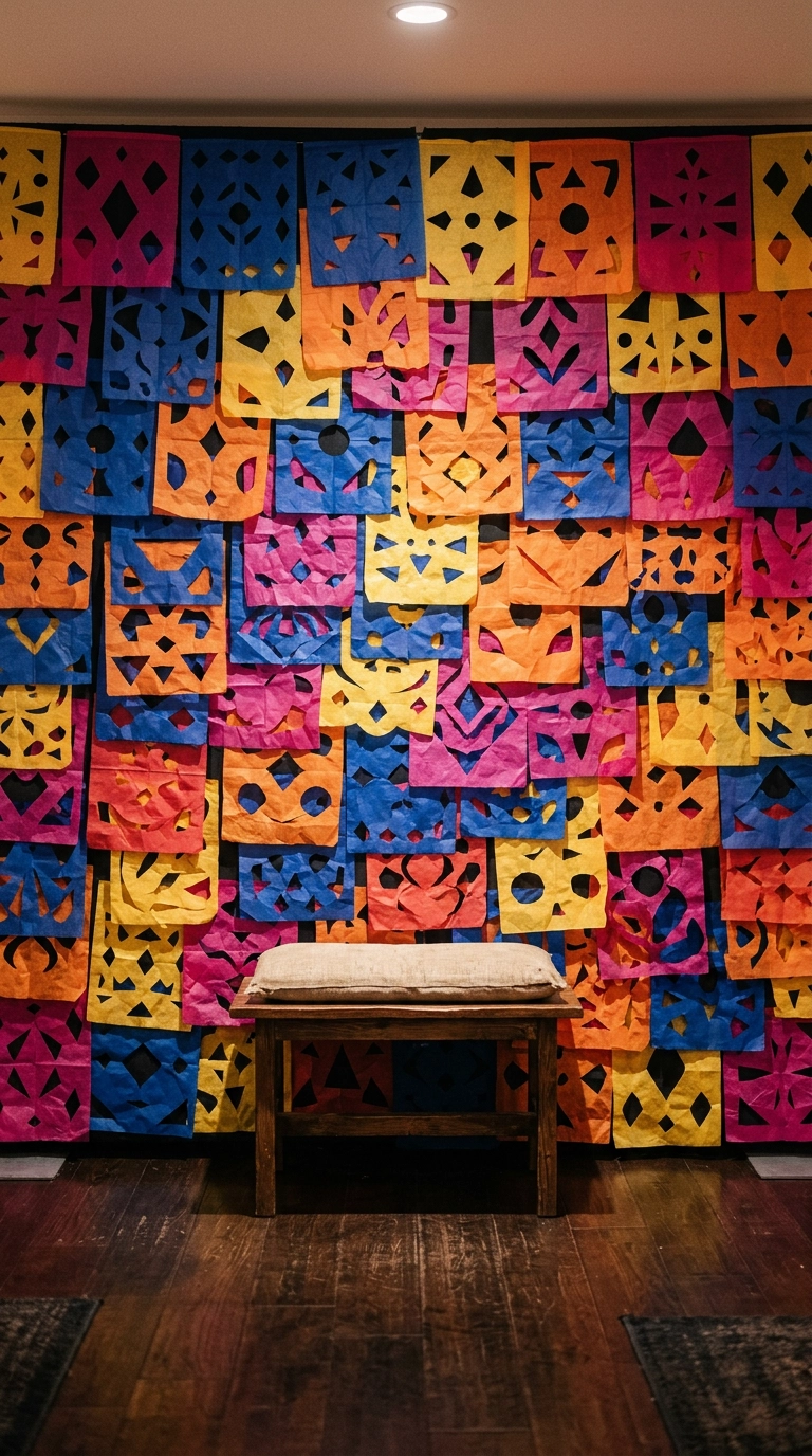 Full wall of layered fuchsia, blue, orange, and yellow papel picado panels as a wedding photo backdrop