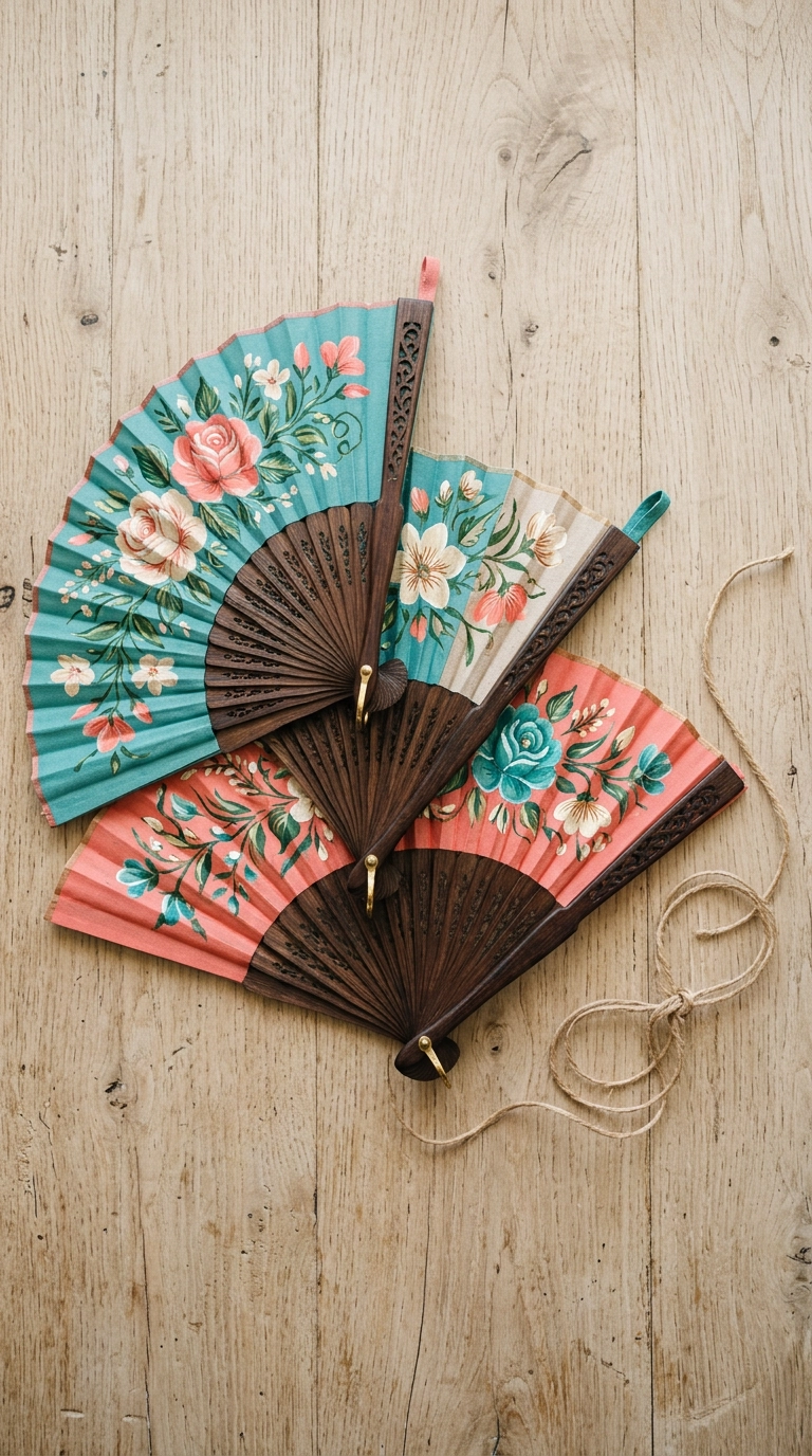 Three hand-painted folding fans with coral and teal floral designs arranged on a pale wood surface