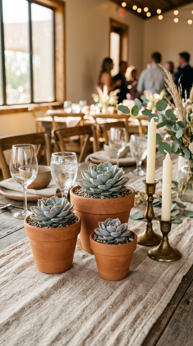 Three terracotta pots with succulent rosettes and brass taper candles on a linen wedding table runner
