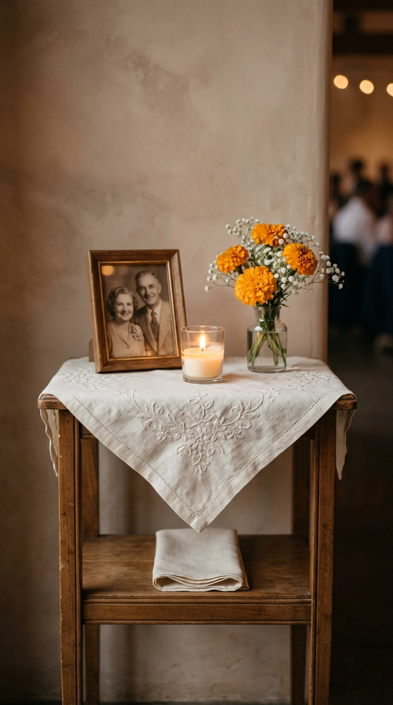 Two-tier memorial table with a framed portrait, votive candle, and marigolds at a wedding