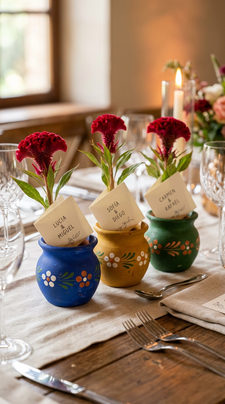 Painted cobalt, yellow, and green clay pots with place cards and red cockscomb stems on a wedding table