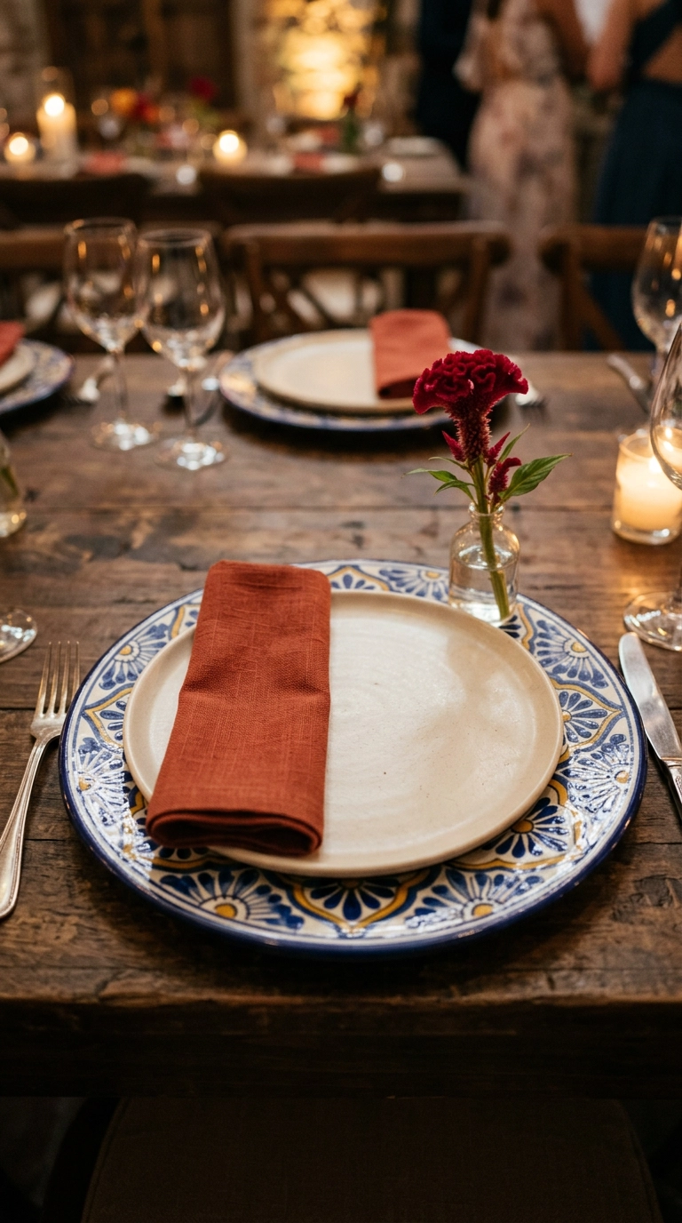 Hand-painted Talavera ceramic charger in cobalt blue and mustard under a cream dinner plate at a wedding setting