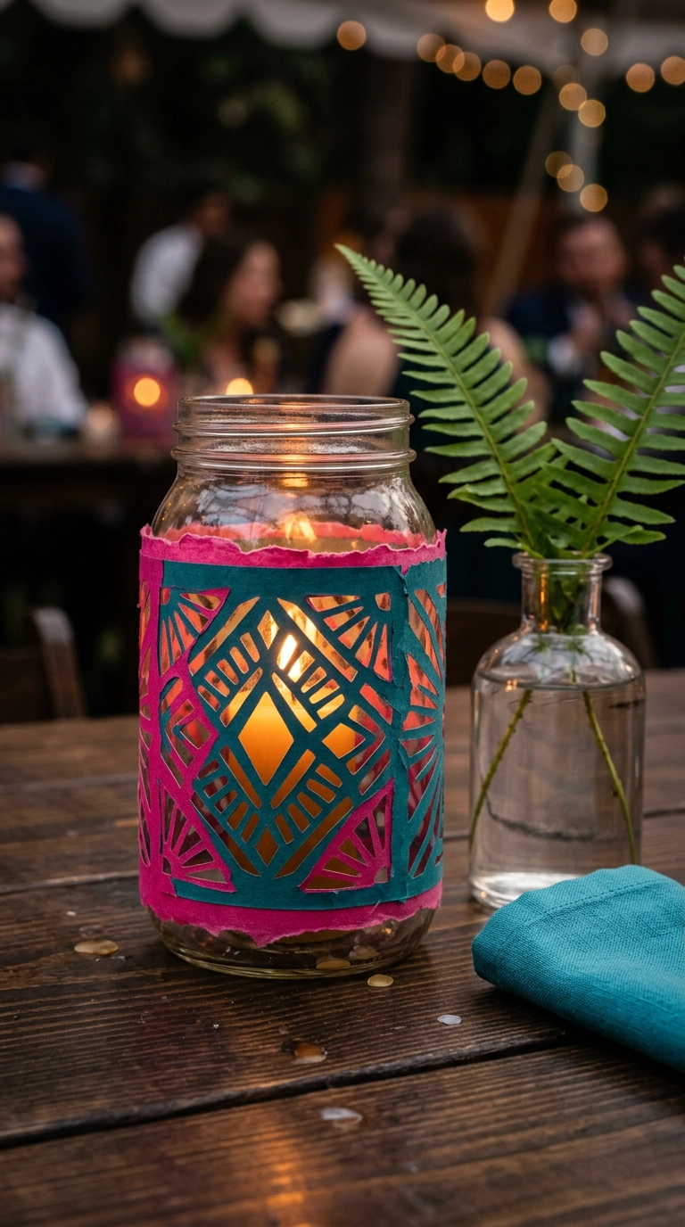Candle jar wrapped in hot pink and teal cut paper with cut-out shapes glowing on a wedding table