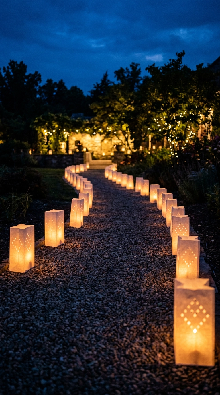 Paper bag luminarias with glowing candlelight lining a gravel wedding walkway at dusk