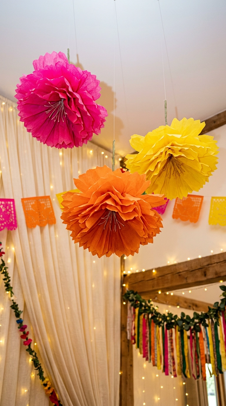 Oversized pink, orange, and yellow tissue paper flowers hanging from a ceiling at a wedding reception