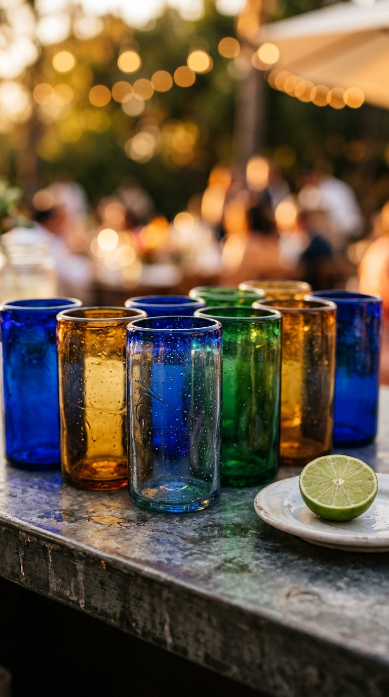 Hand-blown cobalt, amber, and emerald glass tumblers lined up on a zinc wedding bar