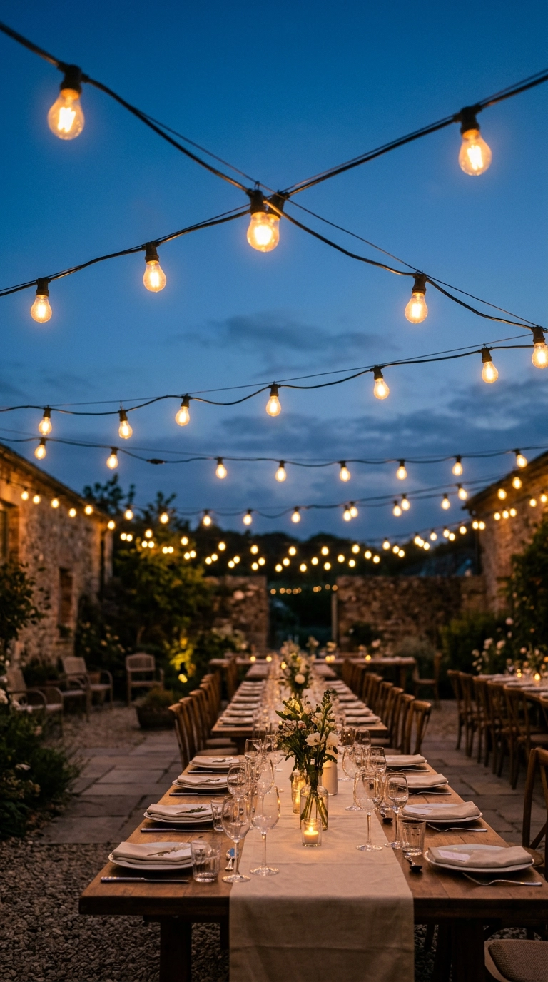Rows of warm amber festoon bulbs strung over farm tables at an evening wedding reception