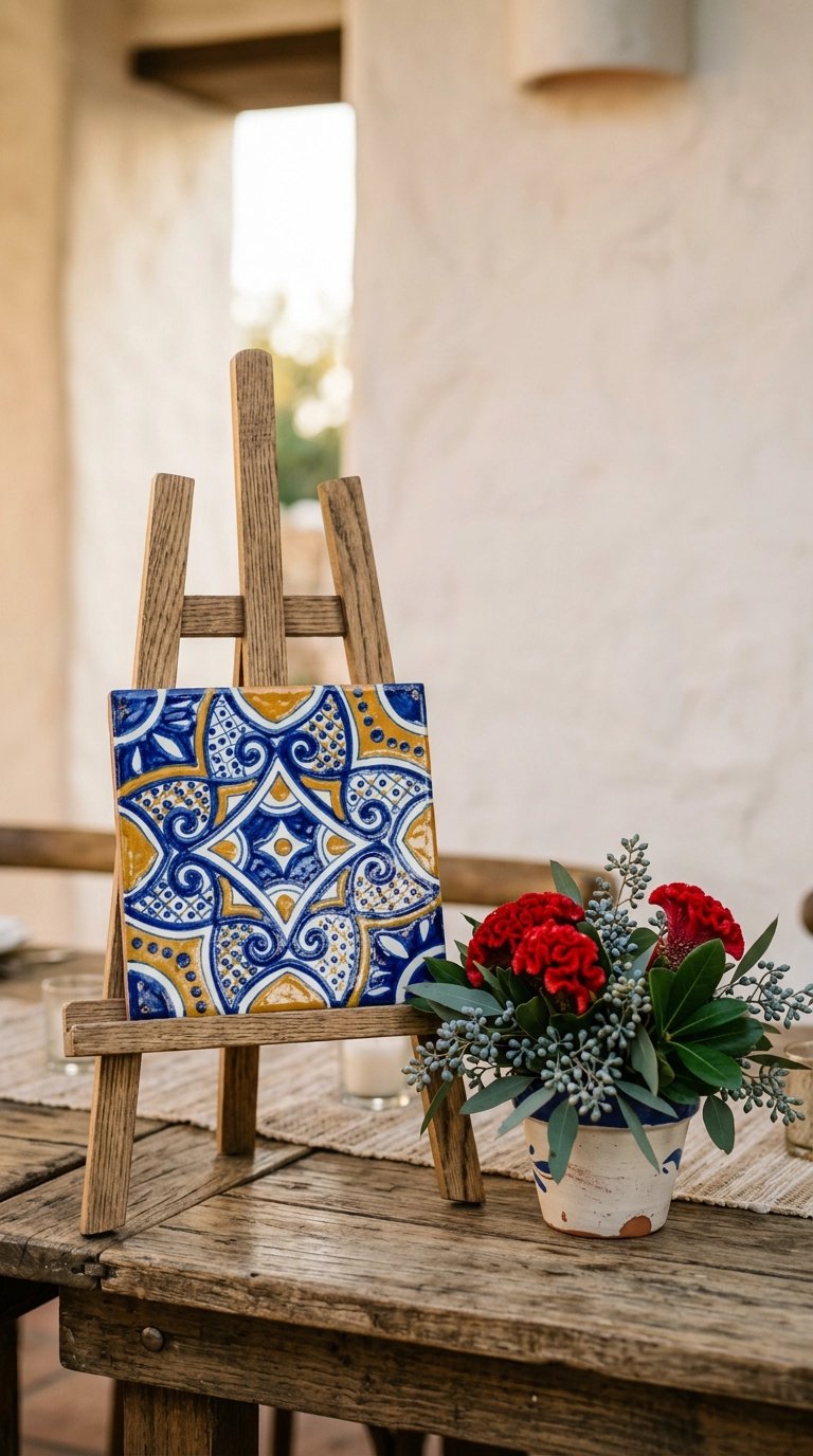 Talavera ceramic tile with cobalt geometric pattern propped on a wooden easel beside red flowers at a wedding table