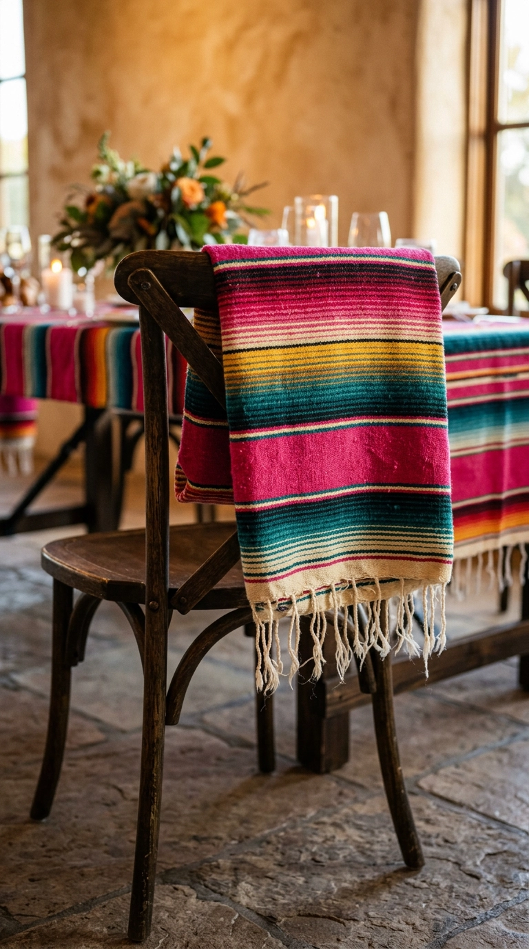 Handwoven serape with fuchsia, yellow, and teal stripes draped over a dark wood wedding chair